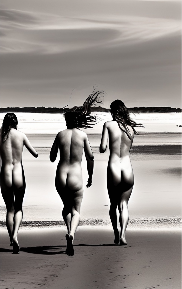 Nude Trio Running on Beach