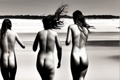 Nude Trio Running on Beach