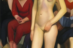 Nude woman standing in front of an audience