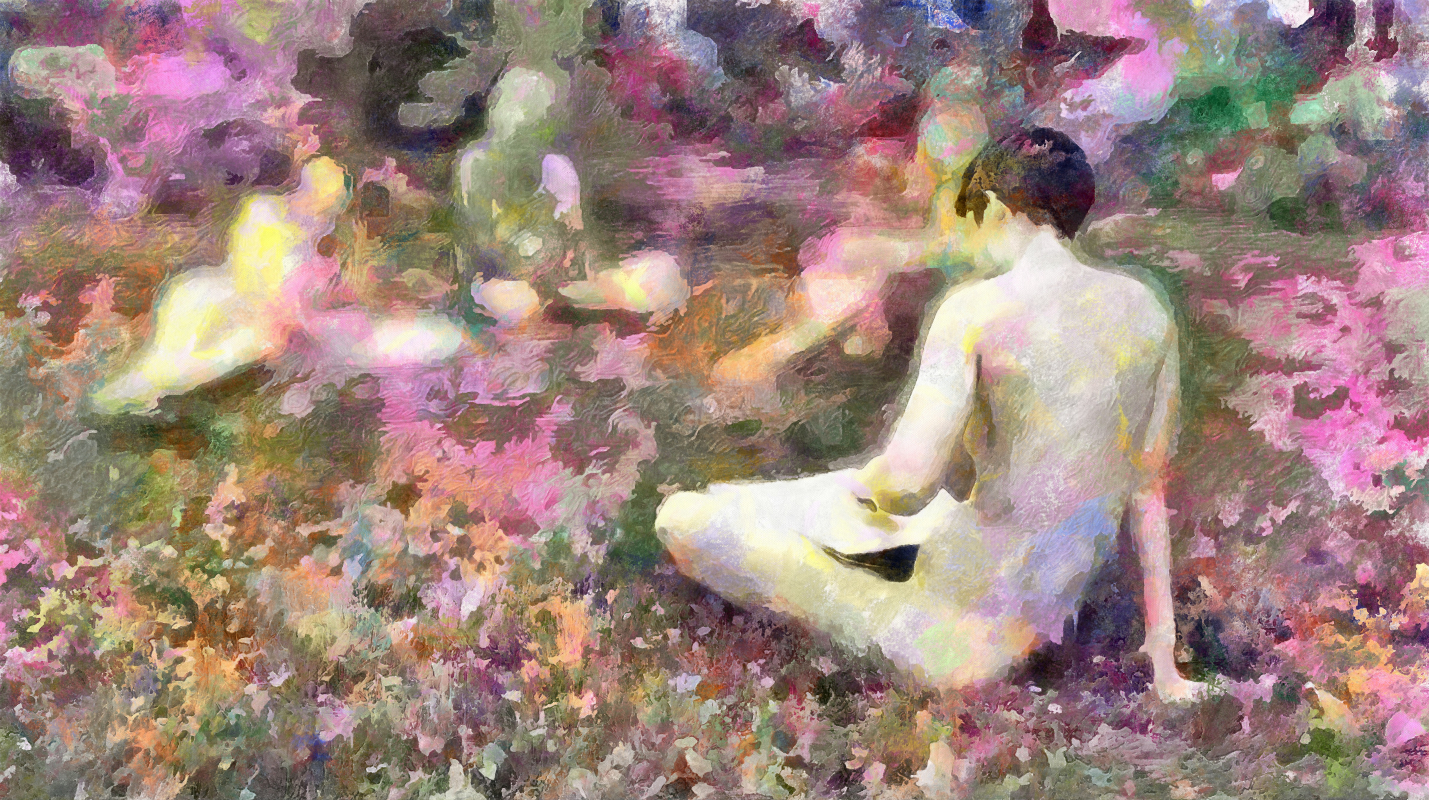 Art on the Grass: nude female seated on grass drawing with blurry nudes in background