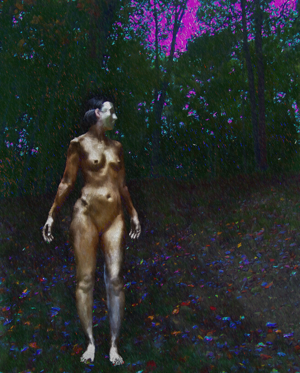 Looking Back - Nude in gold looking back into dark trees
